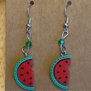 Hand Crafted Watermelon Slice Beaded Dangle Earrings